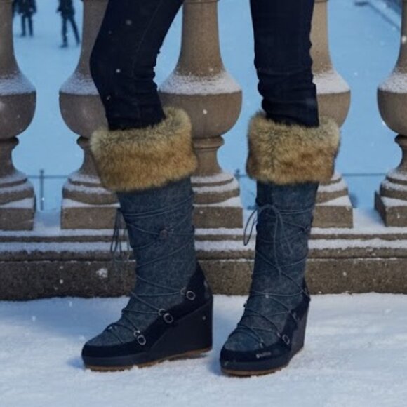 Y2K Vintage Akademiks Blizzard 07 Fur Trim Quilted Denim Jean Wedge Snow Boots 9 - Picture 3 of 10